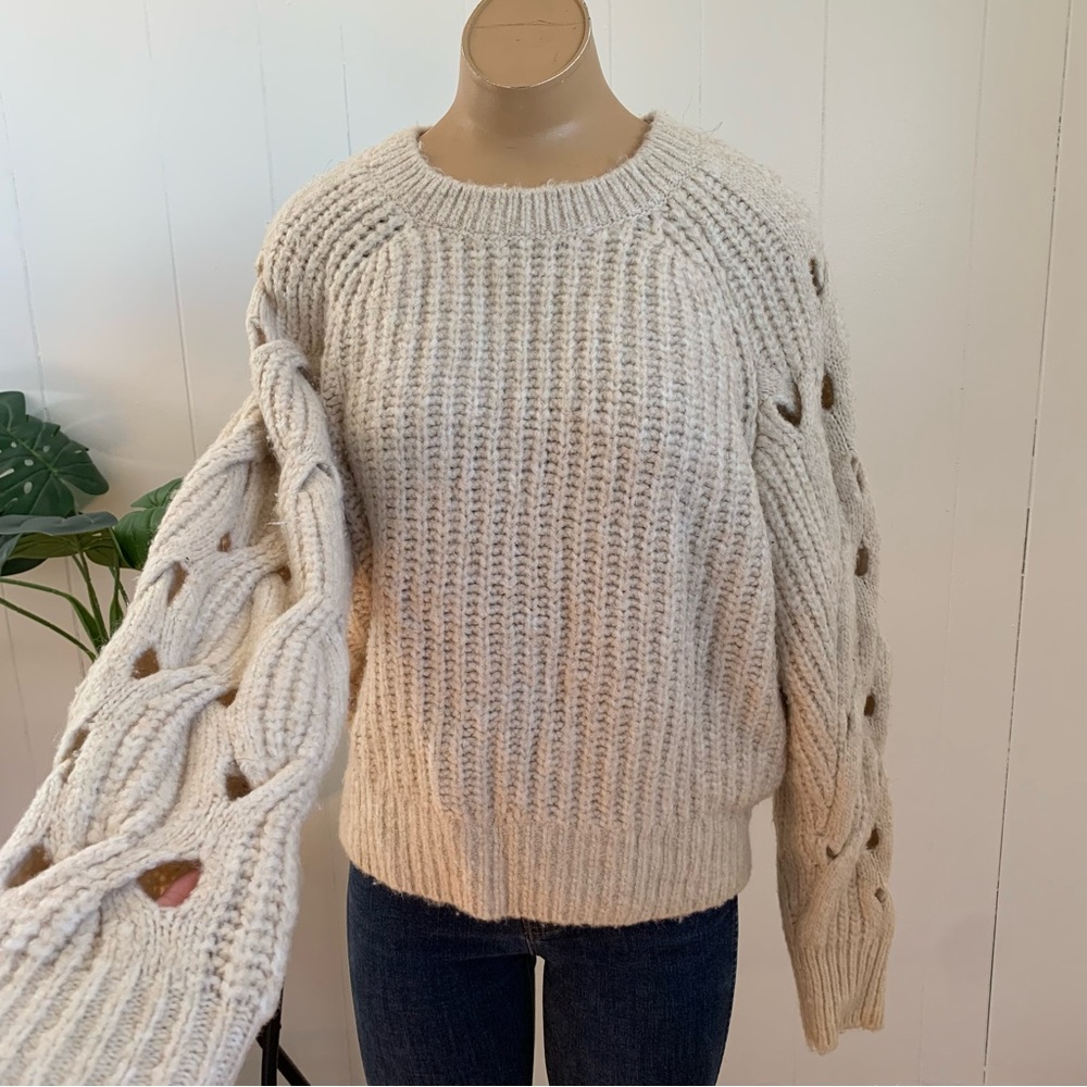 Express Tan Cable Knit Sweater with Puffy Sleeve Size Medium
